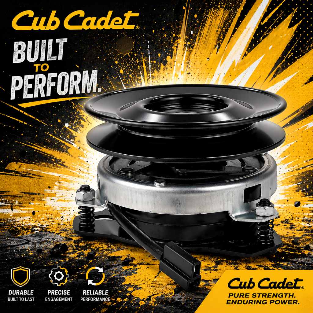 Cub Cadet clutch artistic rendition with brand name and slogan on a dynamic background.