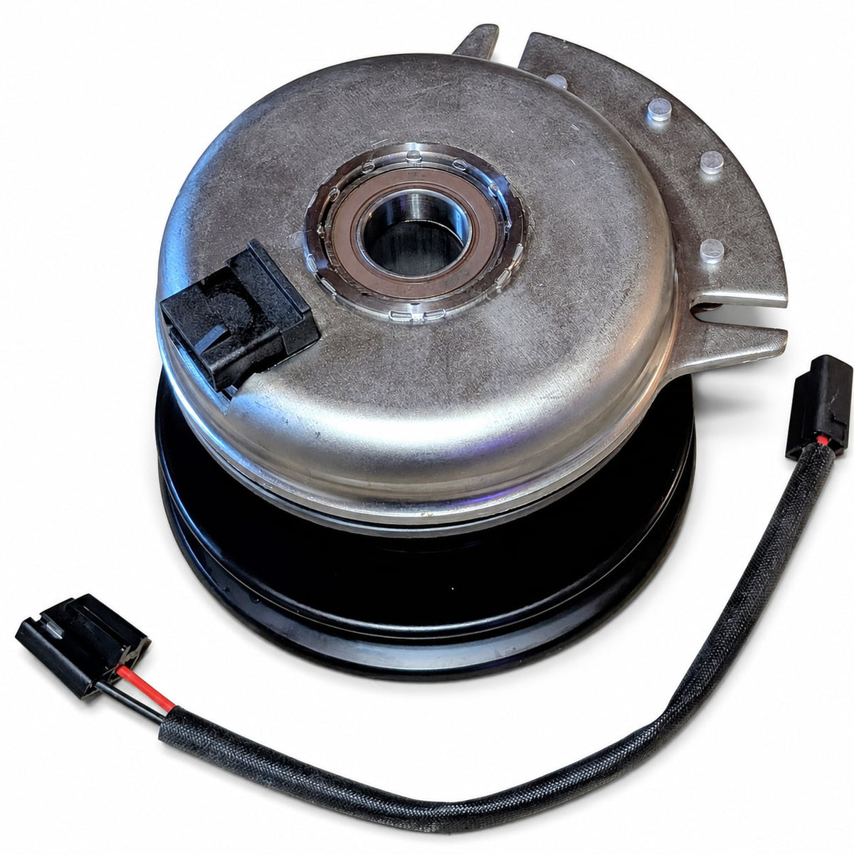 Coil-side view of 917-04163A PTO clutch showing the silver housing, integrated two-pin socket and pulley