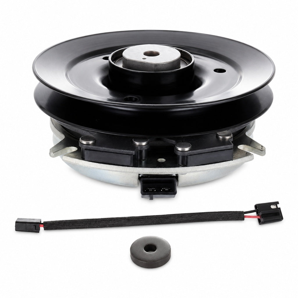 Aftermarket 917-04967 electric PTO clutch replacement for Cub Cadet Tank LZ, Tank SZ, and Pro Z mowers with 1-1/8 inch bore, 7.34 inch pulley, CCW rotation, D-drive, and cable connector setup shown