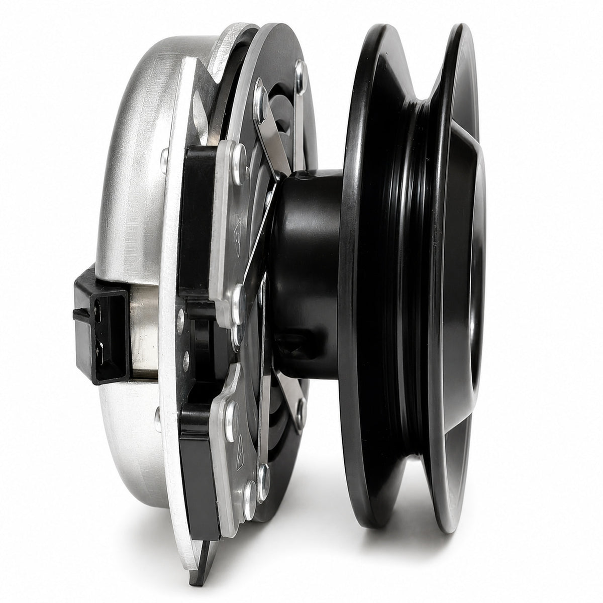 Side view of standard black pulley 917-05001 PTO clutch showing 6-inch pulley, and clutch stack height