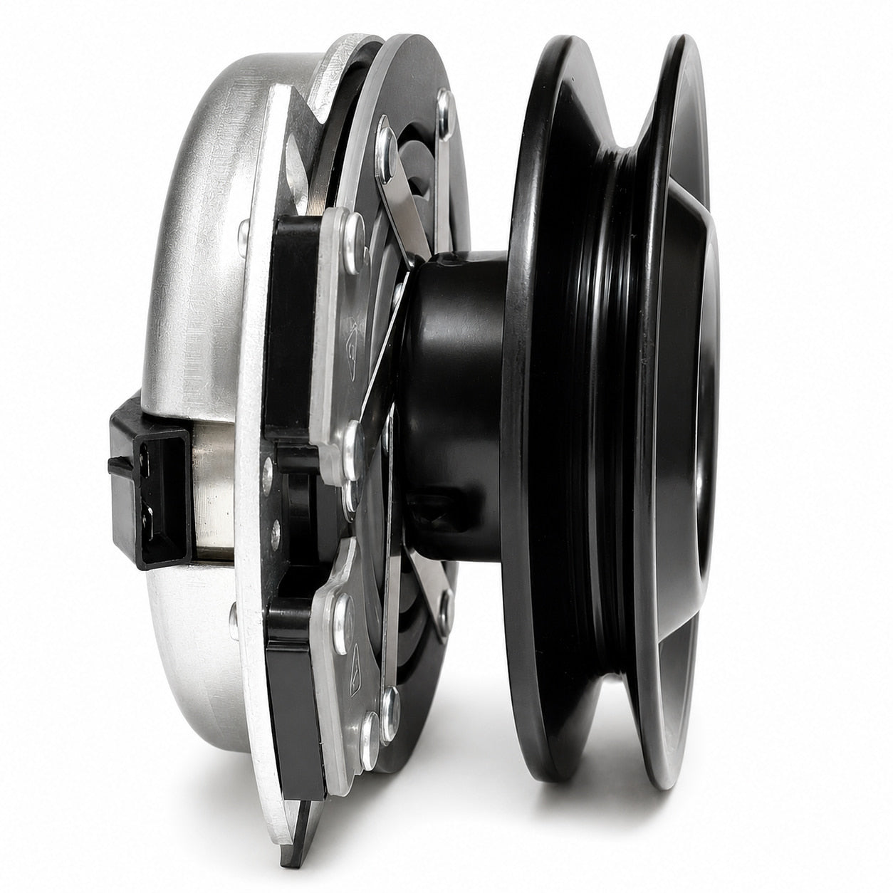 Side view of standard black pulley 917-05209 PTO clutch showing 6-inch pulley and clutch stack height