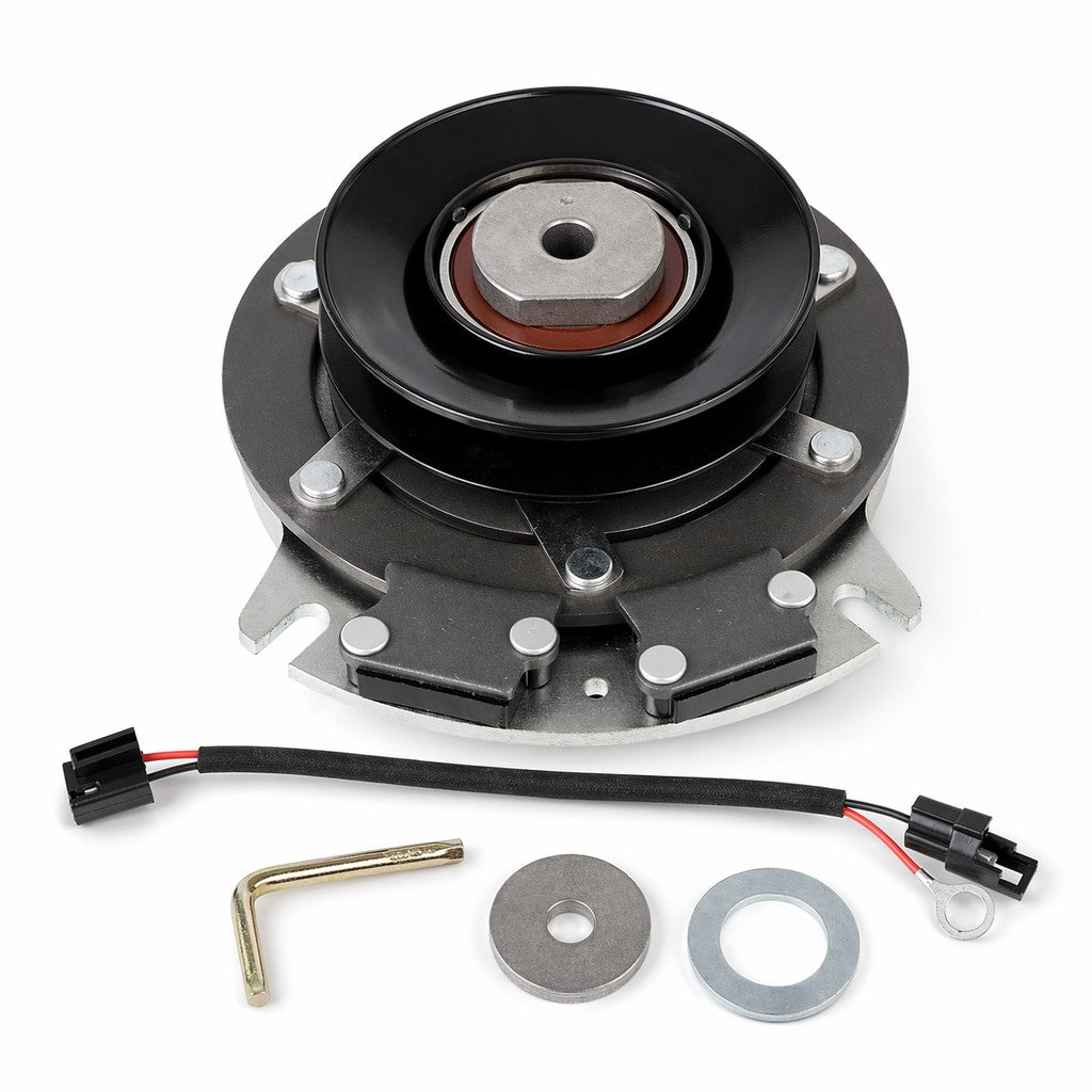 Cub Cadet 917-3044 PTO clutch replacement with 4.56-inch pulley, 1-1/8 inch crankshaft bore, and CCW rotation, shown with wiring lead, washer set, and L-shaped installation key on white background.