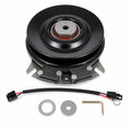 Cub Cadet 917-3340 electric PTO clutch replacement with 6.10-inch pulley, 1-1/8 inch crankshaft bore, and CCW rotation, shown with wiring lead, washer set, and L-shaped installation key on white background.