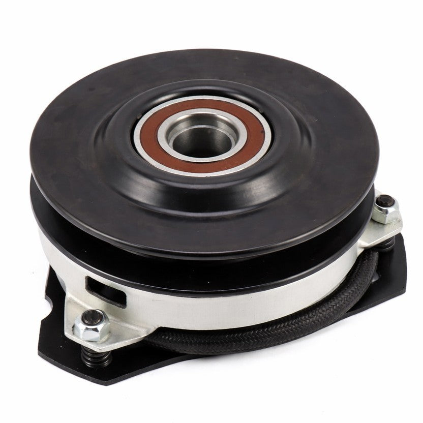 Electric PTO clutch 917-3389 with 6.10 inch pulley 1 inch crankshaft bore CCW rotation on white background.