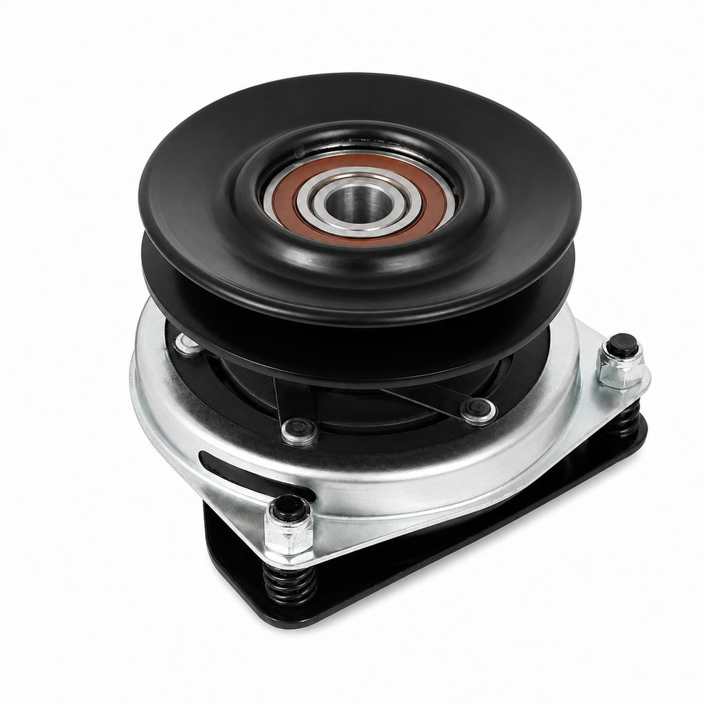 Aftermarket AM130328 electric PTO clutch replacement for John Deere GT275, 320, Sabre, and Scotts mowers with 1-inch bore and 5-5/16 inch pulley.