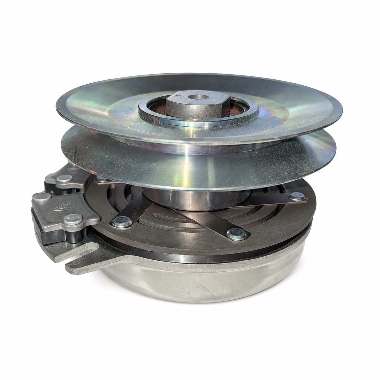 Real image of John Deere AM136115 PTO clutch replacement with 6.53-inch pulley, 1-inch crankshaft bore, and CCW rotation, shown on white background.