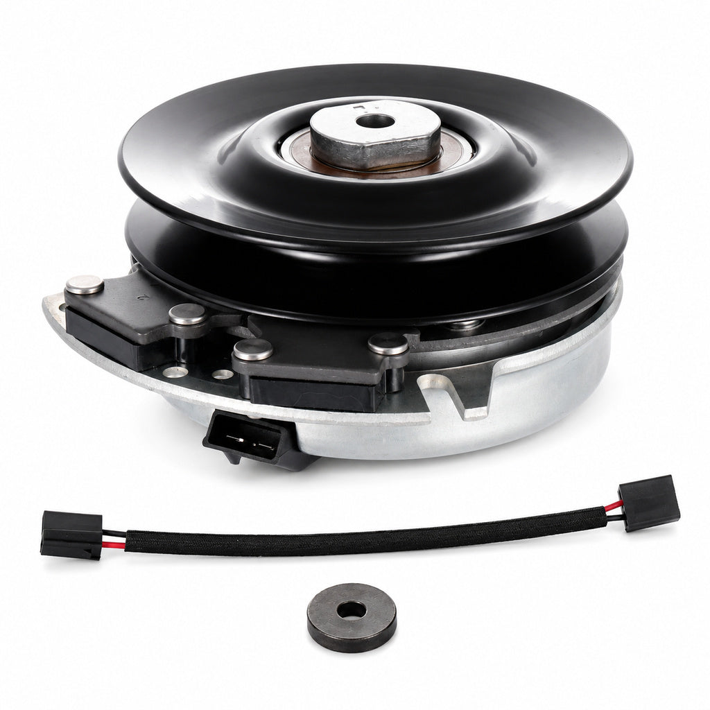 Aftermarket GDA10017 electric PTO clutch replacement for John Deere 647, 657, 667, 717, and 727 mowers with 1-inch bore and 6-inch pulley.