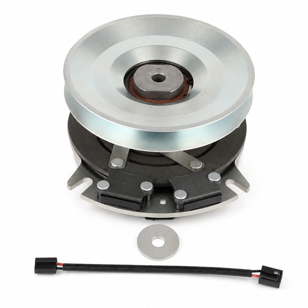 TCA21167 electric PTO clutch replacement for John Deere ZTrak and commercial zero-turn mowers with OEM-spec pulley, bore, and wiring fitment.