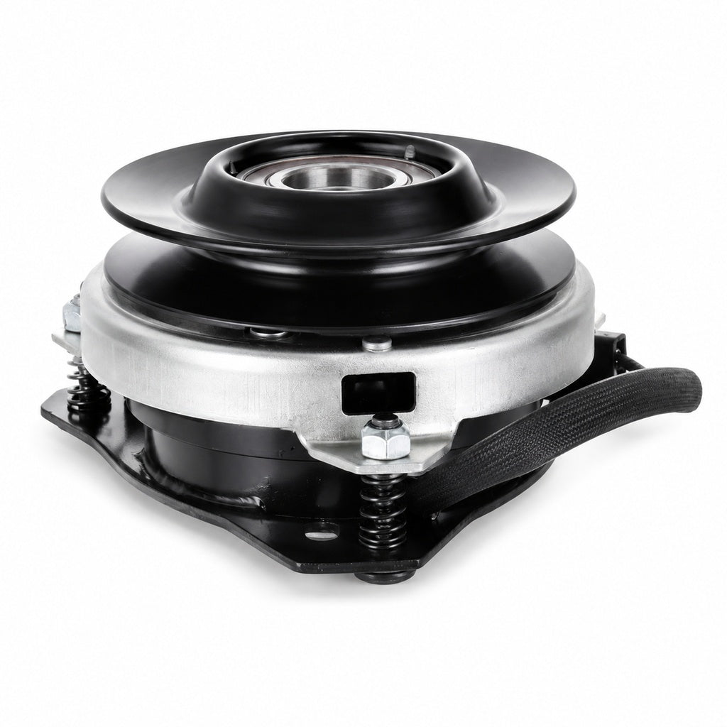 Aftermarket AM100979 electric PTO clutch replacement for John Deere STX38 yellow deck mowers with 1-inch bore, 5-3/8 inch pulley, counter-clockwise rotation, and connector style shown.