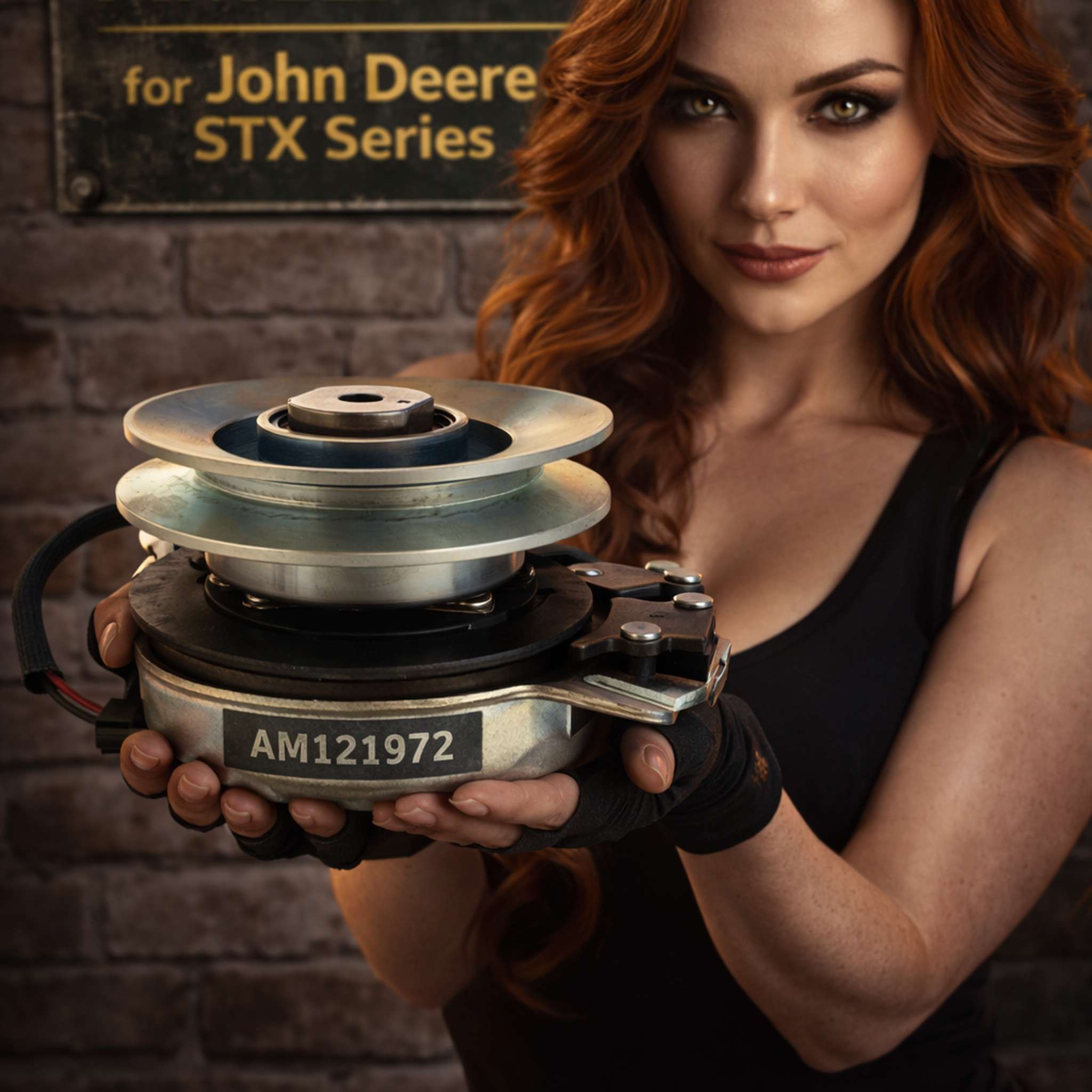 AM121972 PTO clutch for John Deere STX series mower, heavy-duty electric clutch replacement with wiring connector.