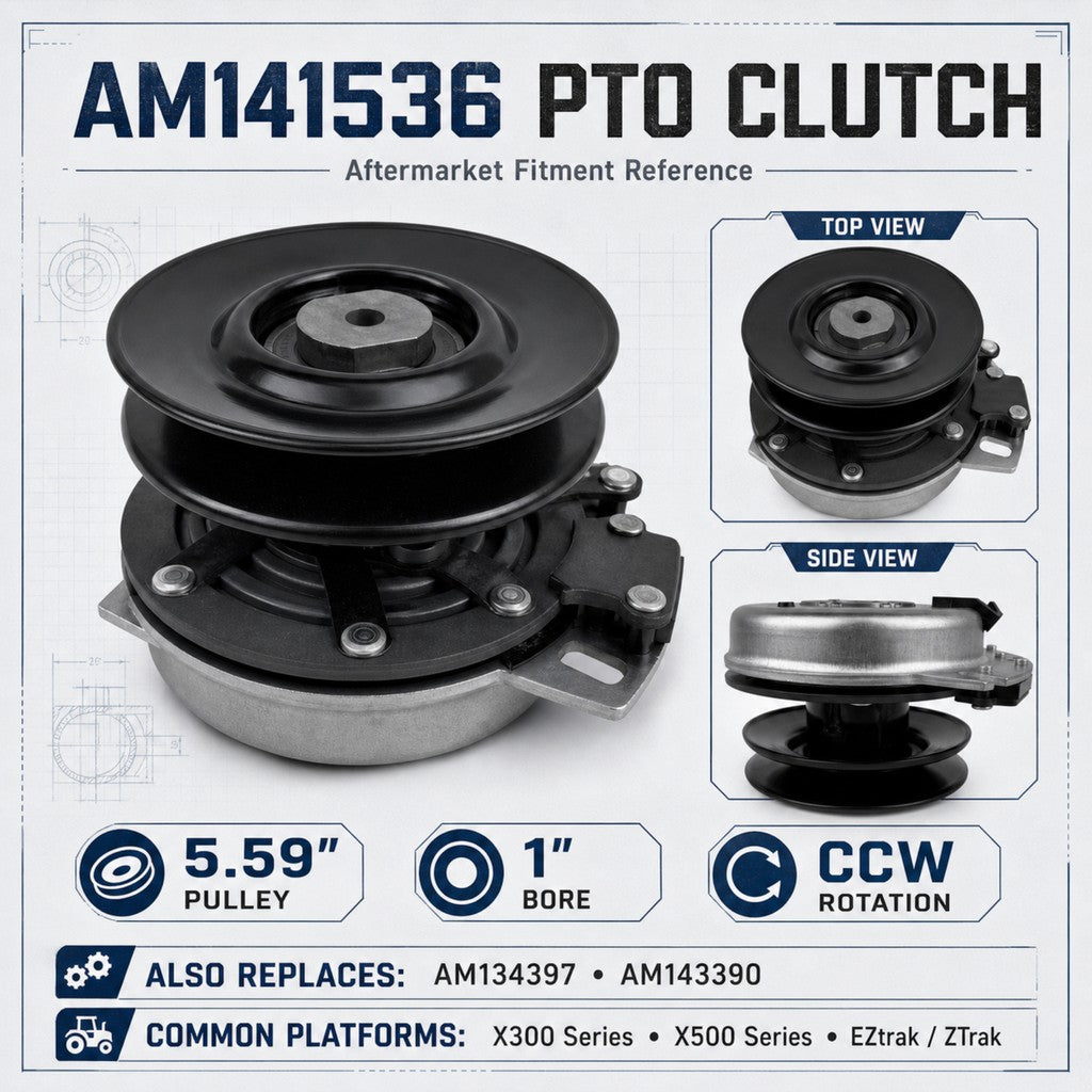 AM141536 PTO clutch aftermarket fitment reference graphic showing 5.59 inch pulley, 1 inch bore, CCW rotation, top and side views, and compatibility notes for John Deere X300 Series, X500 Series, and EZtrak / ZTrak models.