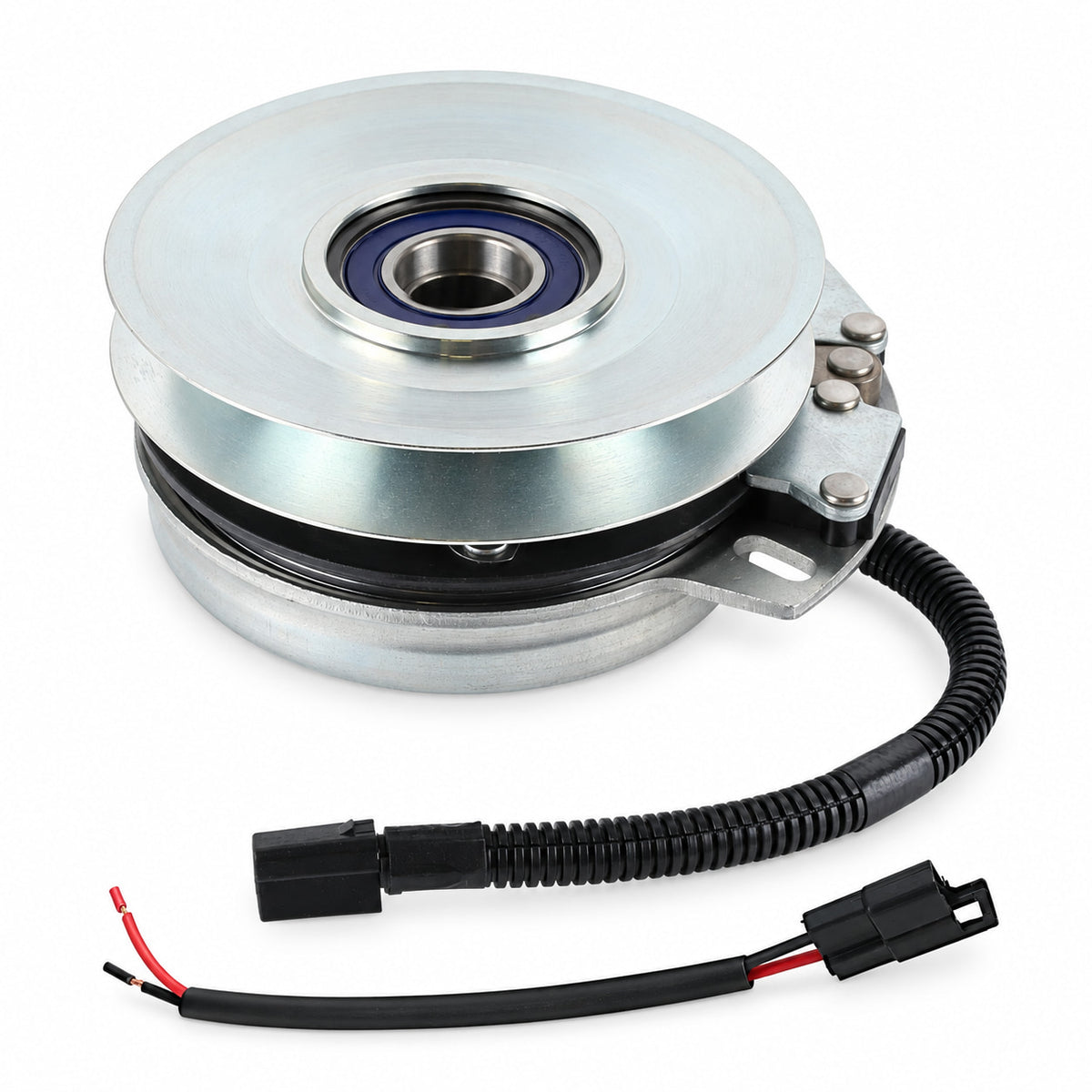 Xtreme X0336 PTO clutch replacement for John Deere AM141833 showing silver pulley, wiring lead and adapter harness