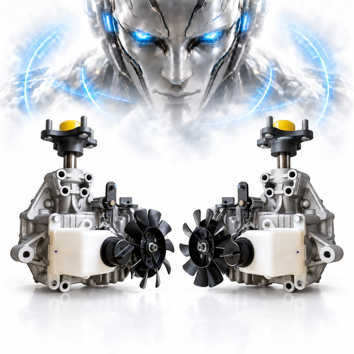Left AUC15355 and right AUC15356 Tuff Torq transaxles displayed beneath the PTO Direct USA robot