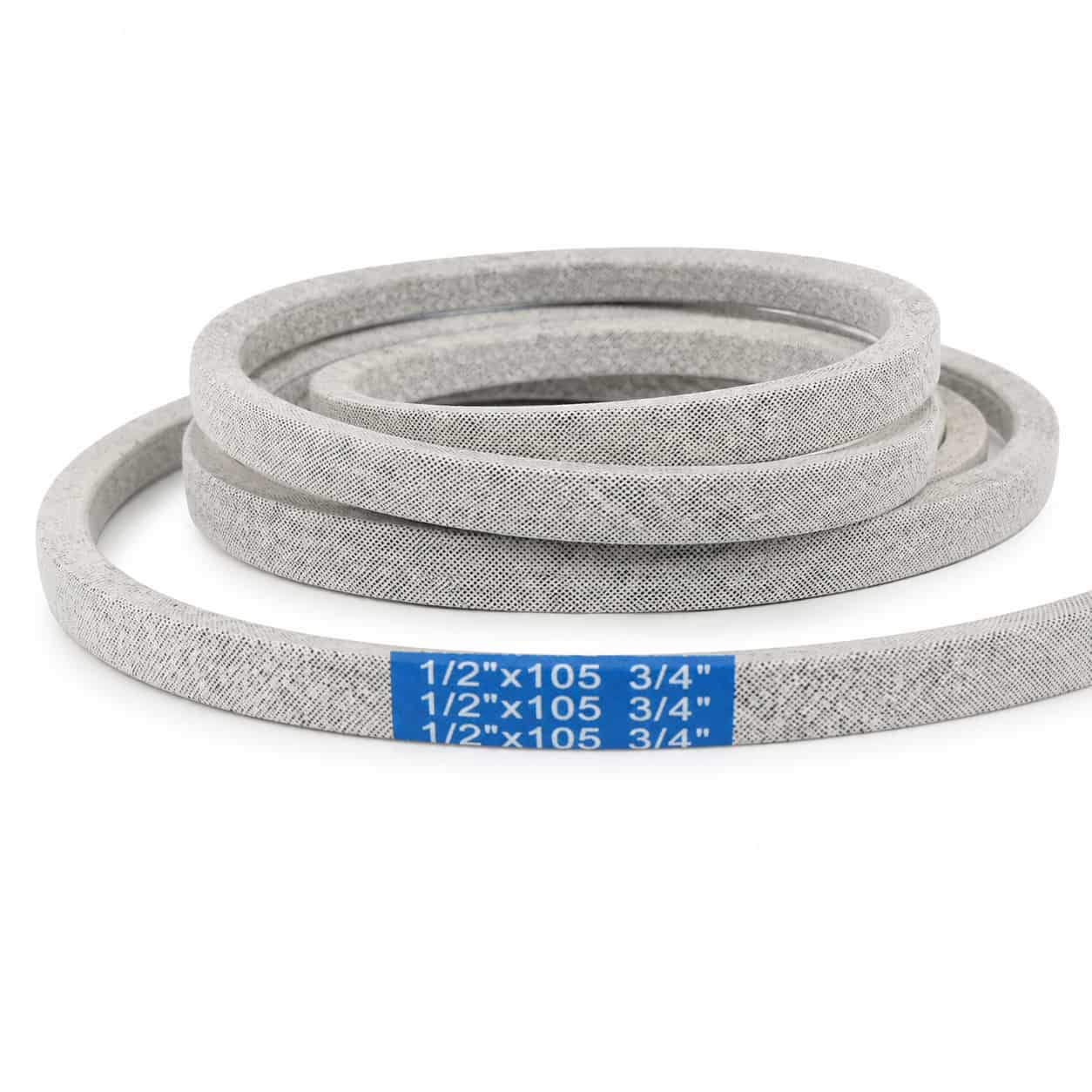 405143 deck belt replacement spec label showing 1/2 inch width and 105-3/4 inch length.