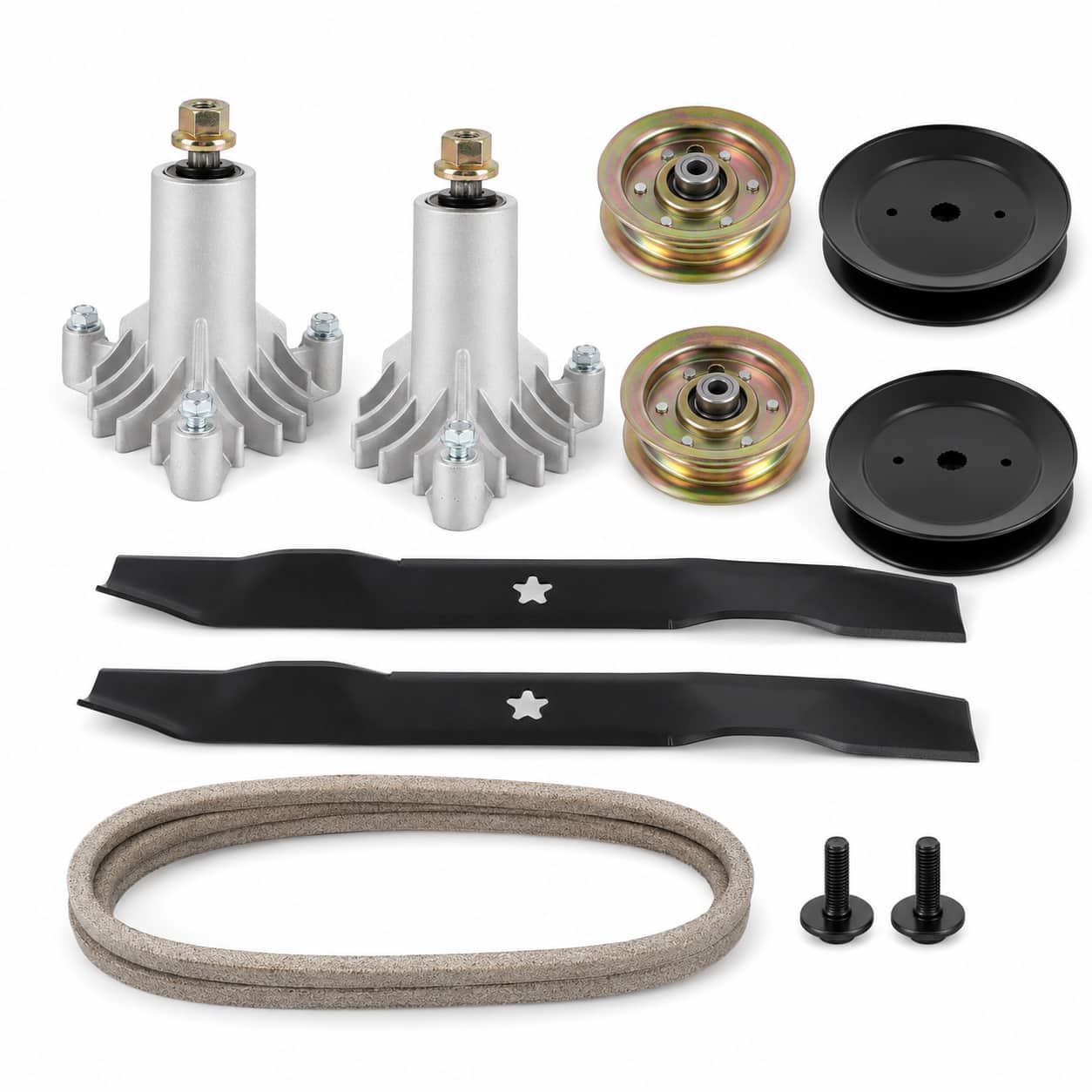 42-inch deck rebuild kit for Craftsman, Husqvarna, Poulan, Sears, and AYP mower decks with spindles, blades, pulleys, idler pulleys, and 144959 deck belt.