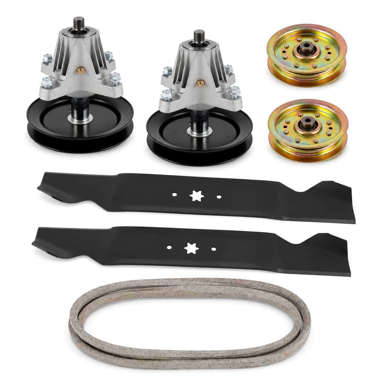 42-inch deck rebuild kit for Craftsman LT2000, Cub Cadet, MTD, and Toro LX mower decks with 918-04822A spindle assemblies, 742-04308 blades, idler pulleys, and 954-04060 deck belt.