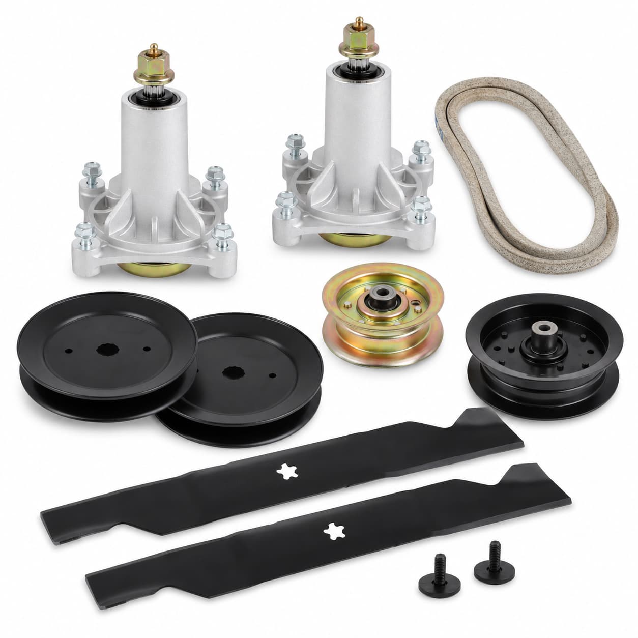 46-inch deck rebuild kit for Craftsman YT3000, YTS3000, Husqvarna YTH21K46, and Poulan PB195H46YT mowers with spindles, blades, pulleys, idlers, and deck belt.