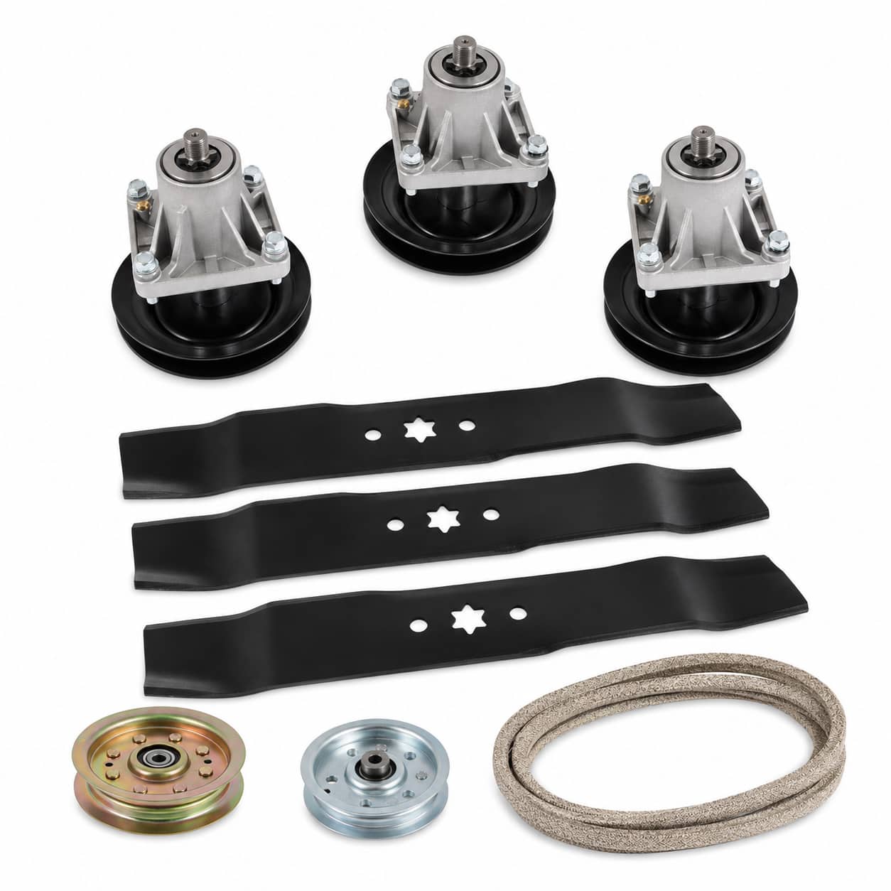 46-inch deck rebuild kit for Cub Cadet LT1045 and LT1046 mowers with three spindle assemblies, three blades, two idler pulleys, and 954-04153 deck belt.