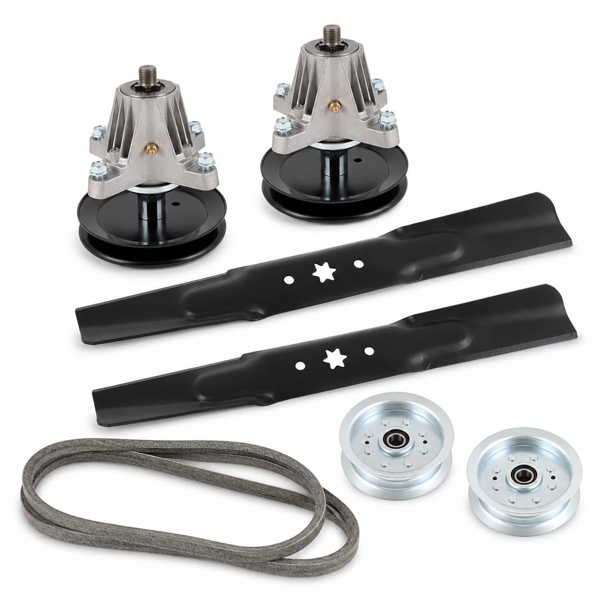 42-inch deck rebuild kit for select Cub Cadet LTX1045, LTX1046, and LTX1046VT mower decks with spindle assemblies, blades, idler pulleys, and 954-05021 deck belt.