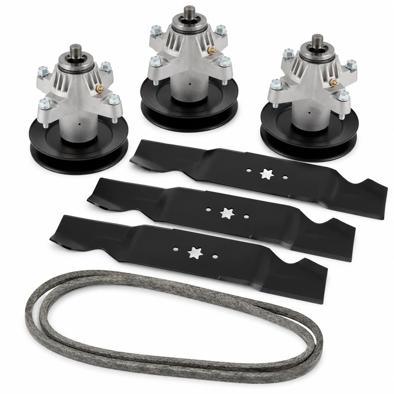 54-inch deck rebuild kit for Cub Cadet SLT1554, LGT1054, LGTX1054, and SLTX1054 mowers with three spindle assemblies, three blades, and 954-0642 deck belt.