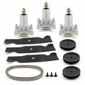 54-inch deck rebuild kit for Husqvarna LGT2654, LGTH2454, YTH24V54, Craftsman, and Poulan mower decks with three spindles, three blades, three pulleys, and 196103 deck belt.