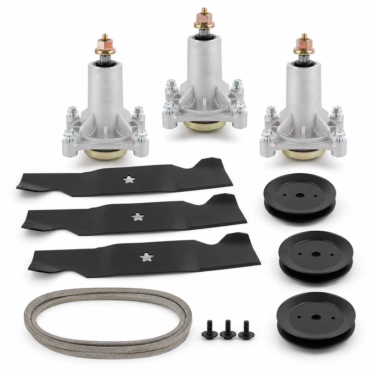 54-inch deck rebuild kit for Husqvarna LGT2654, LGTH2454, YTH24V54, Craftsman, and Poulan mower decks with three spindles, three blades, three pulleys, and 196103 deck belt.