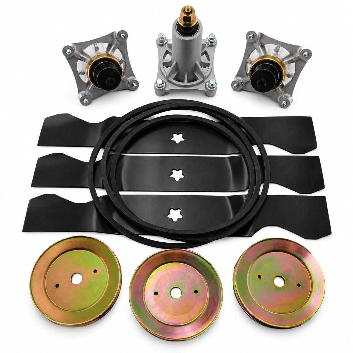 Husqvarna 54-inch deck rebuild kit with three spindles, three pulleys, three blades and a replacement deck belt