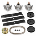 46-inch deck rebuild kit for Husqvarna YTH180 3-blade mower deck with spindles, blades, pulleys, idler pulley, and deck belt.