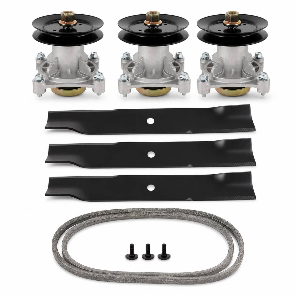 52-inch deck rebuild kit for Hustler Raptor mowers with 604214 spindle assemblies, 795526 blades, and 791988 deck belt.