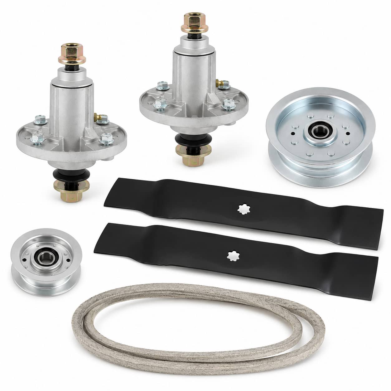 42-inch deck rebuild kit for John Deere D100, D105, D110, D120, D130, LA100, LA105, LA110, LA115, LA120, LA125, and LA135 mowers with spindles, blades, idler pulleys, and GX20072 deck belt.