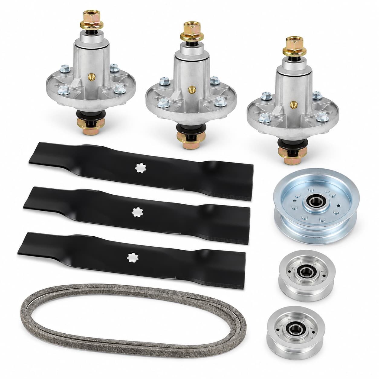 48-inch deck rebuild kit for John Deere D140, D150, D160, LA130, LA140, LA145, LA155, LA165, X140, X165, Z245, and Z255 mowers with spindles, blades, idler pulleys, and deck belt.