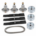 54-inch deck rebuild kit for John Deere 190C, D170, E180, G110, LA150, and LA175 mowers with three spindle assemblies, three blades, idler pulleys, and GX21395 deck belt.