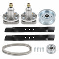 42-inch deck rebuild kit for John Deere L100, L108, L110, L111, and L118 mowers with GY20050 spindle assemblies, GX20249 blades, idler pulleys, and GX20072 deck belt.