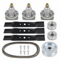 48-inch deck rebuild kit for John Deere L120 and L130 mowers with GY20050 spindle assemblies, GX20250 blades, idler pulleys, and GX20305 deck belt.
