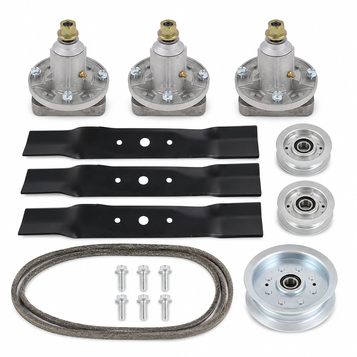 48-inch deck rebuild kit for John Deere L120 and L130 mowers with GY20050 spindle assemblies, GX20250 blades, idler pulleys, and GX20305 deck belt.