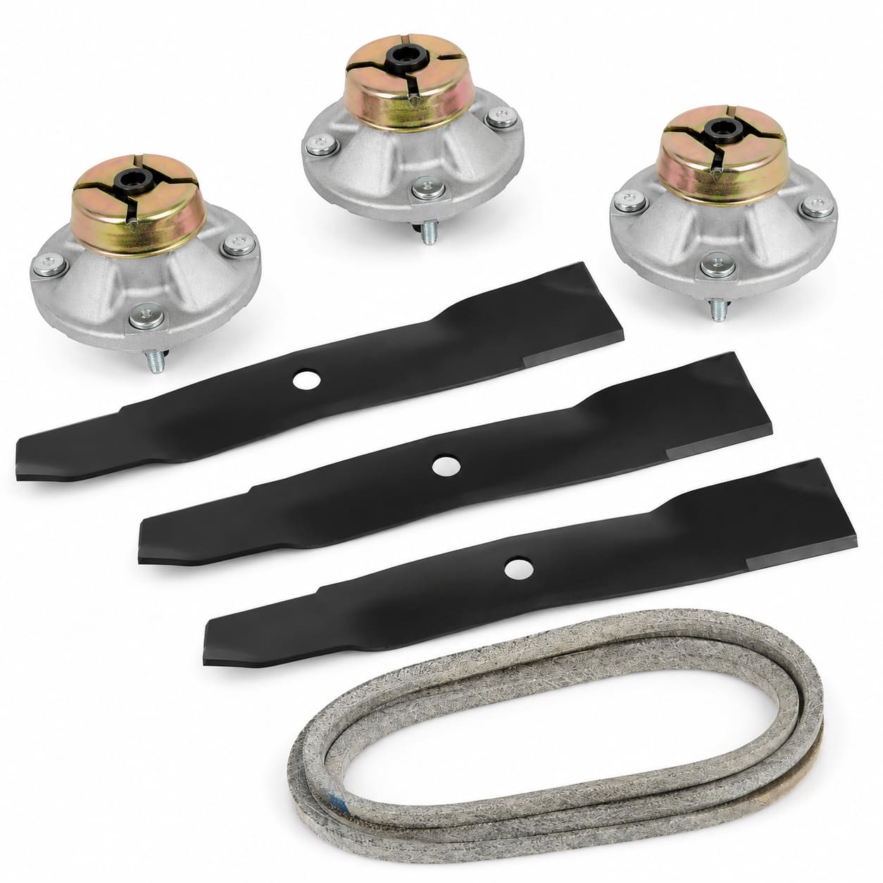 54-inch deck rebuild kit for John Deere Z425, Z435, and Z445 EZtrak mowers with spindle assemblies, M143520 blades, and M158131 deck belt.