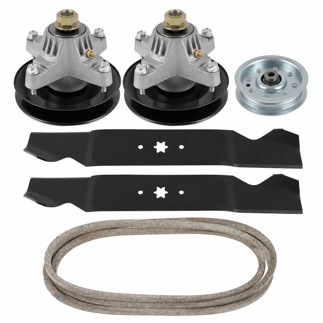 42-inch deck rebuild kit for Cub Cadet, Troy-Bilt, and MTD mower decks with two spindle assemblies, two blades, idler pulley, and 954-0498 deck belt.