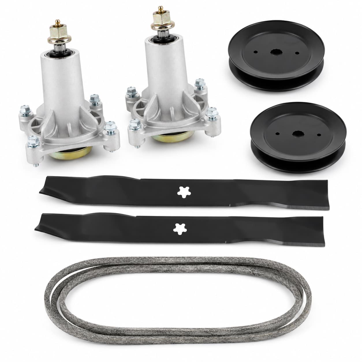 42-inch deck rebuild kit for Poulan Pro, Craftsman, Husqvarna, and AYP mower decks with two spindles, two blades, two spindle pulleys, and 429636 deck belt.