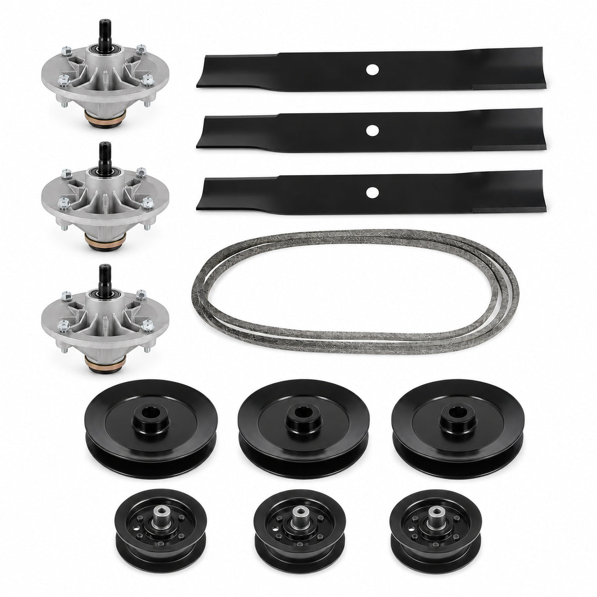 Toro TimeCutter Z5040 74374 50-inch deck rebuild kit with three spindles, pulleys, blades, 110-6892 belt and three idler pulleys