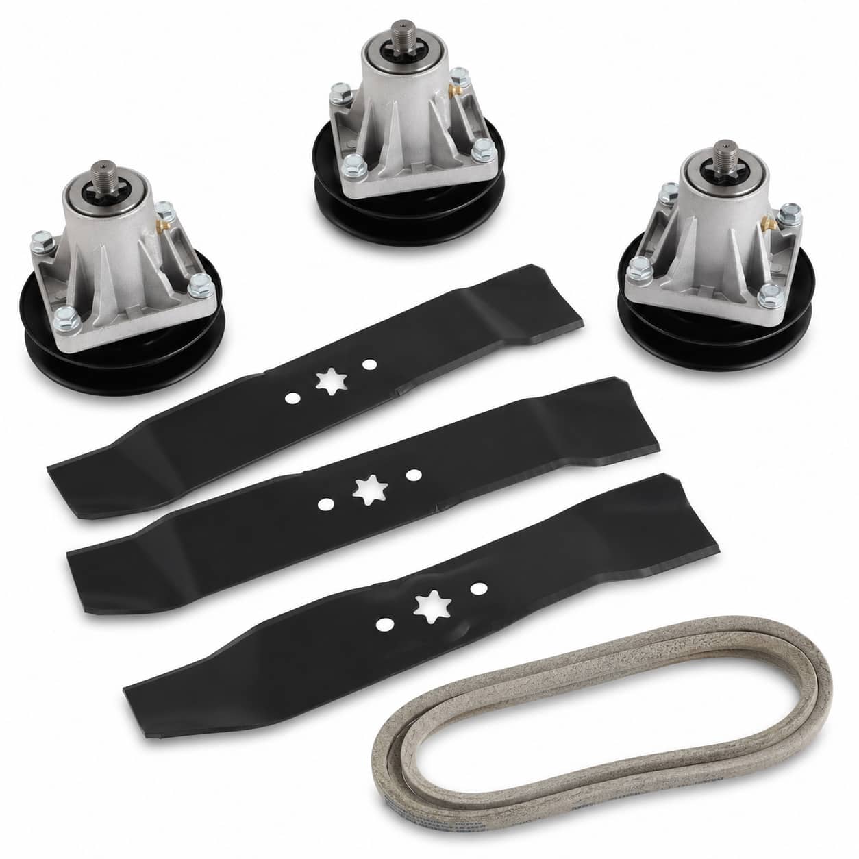 46-inch deck rebuild kit for Troy-Bilt Super Bronco, White Outdoor, and MTD-built mower decks with three spindle assemblies, three blades, and 954-0349 deck belt.