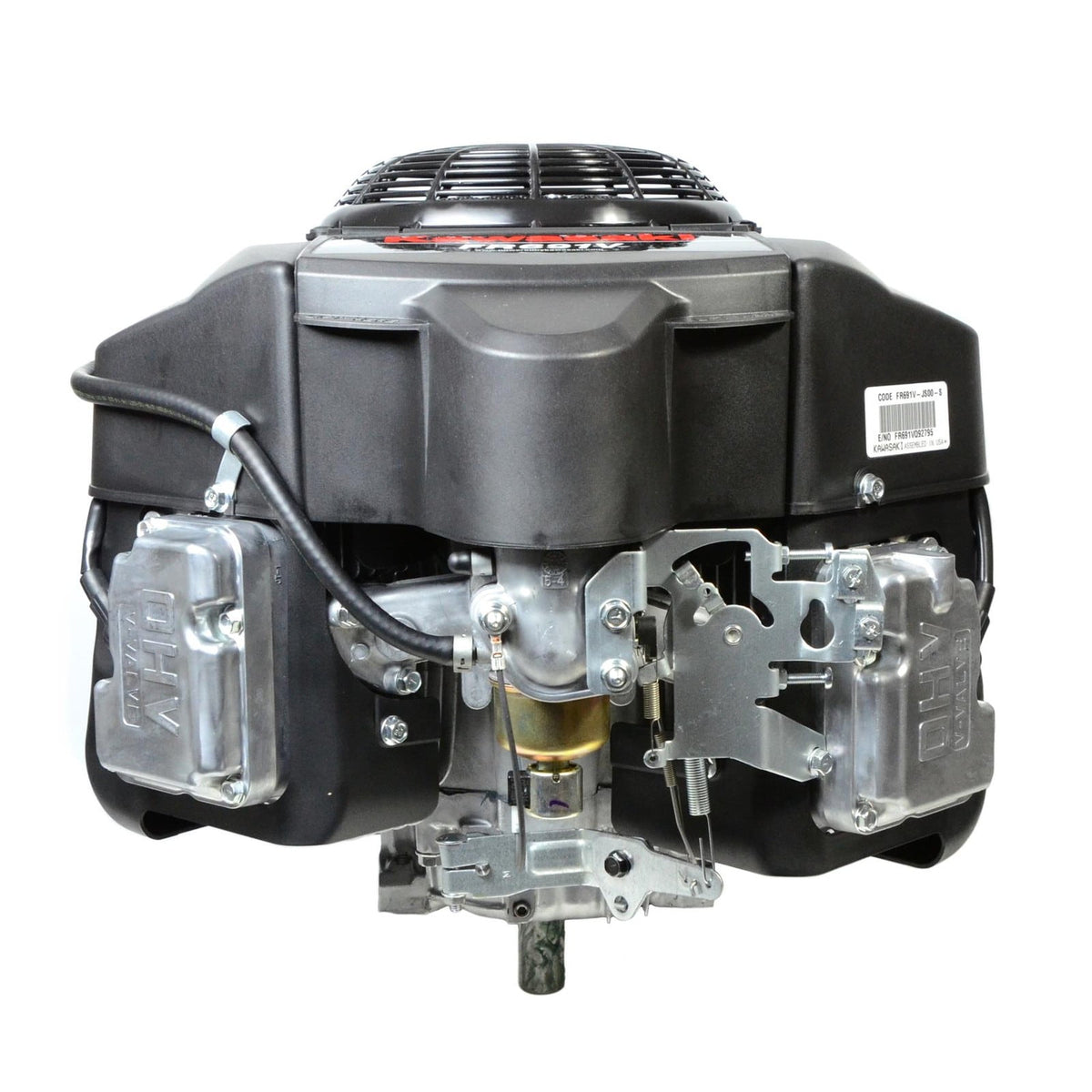Kawasaki FR691V vertical-shaft engine front view showing carburetor and throttle linkage