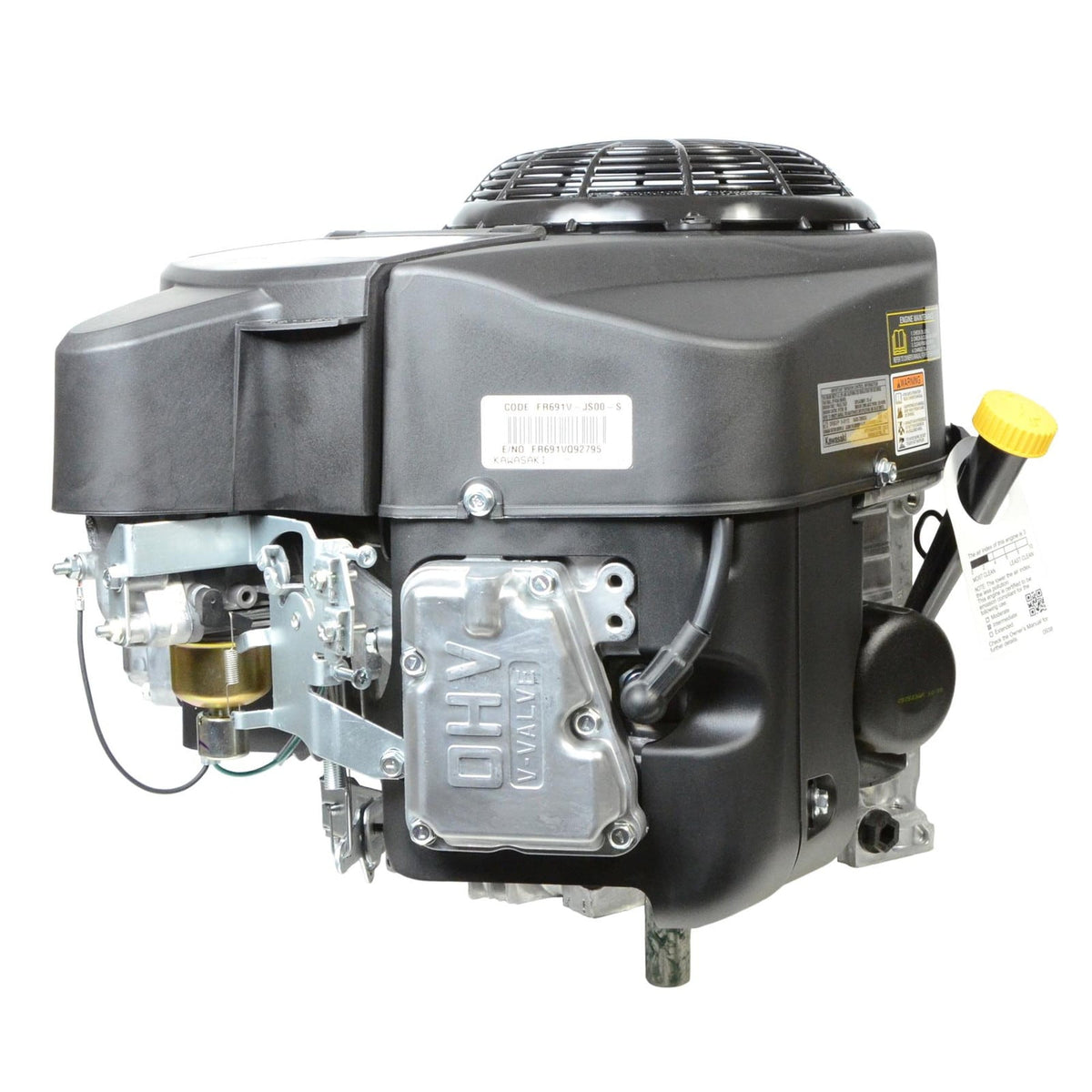 Kawasaki FR691V engine side view showing identification label and oil dipstick