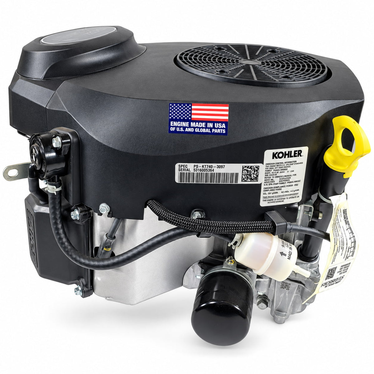 Kohler KT740-3097 engine side view showing oil filter, dipstick and fuel components
