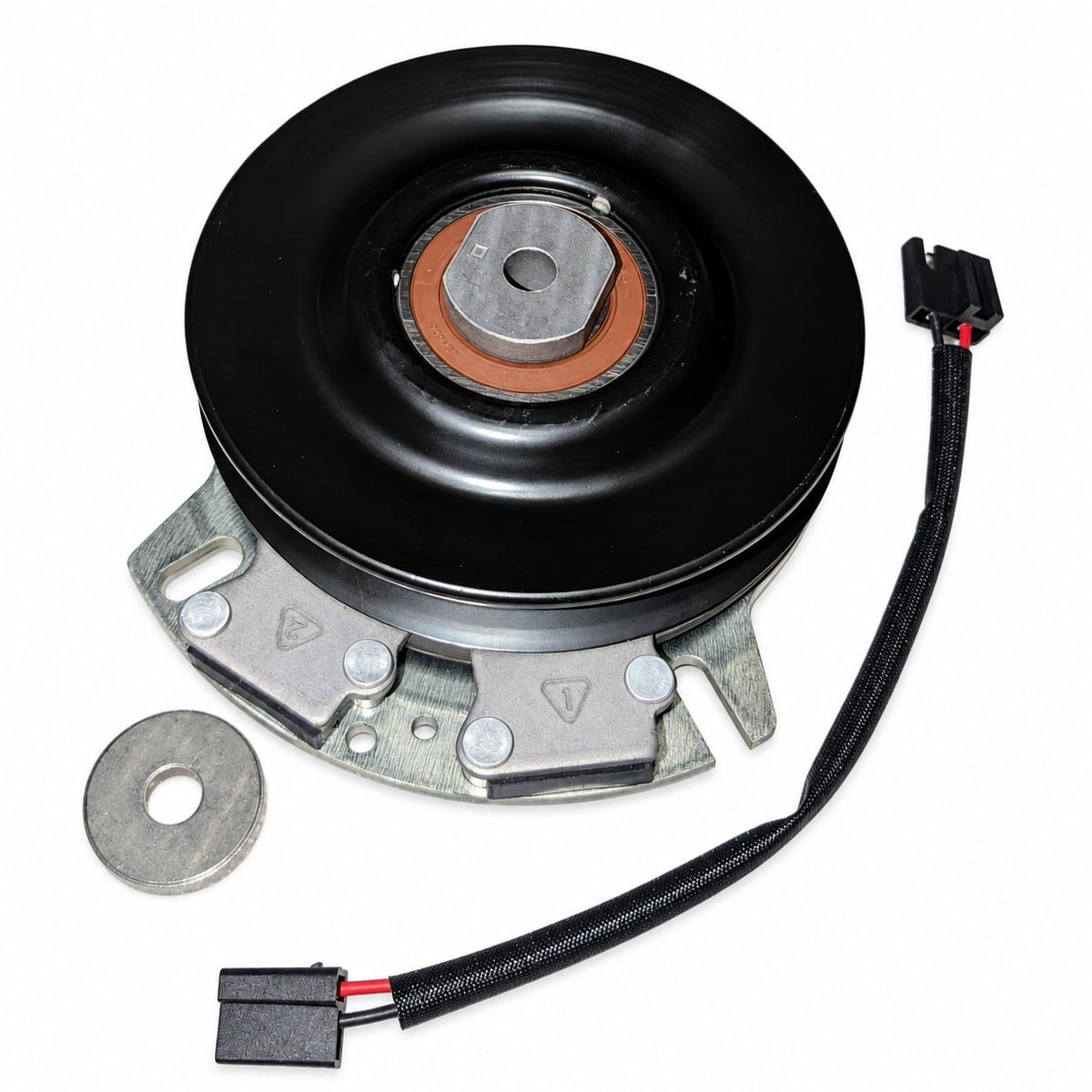 Aftermarket GDA10017 electric PTO clutch replacement for John Deere 647, 657, 667, 717, and 727 mowers with 1-inch bore and 6-inch pulley