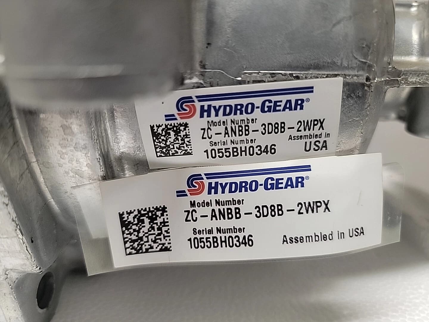 Hydro-Gear ZC-ANBB-3D8B-2WPX right transaxle identification label showing model and serial numbers