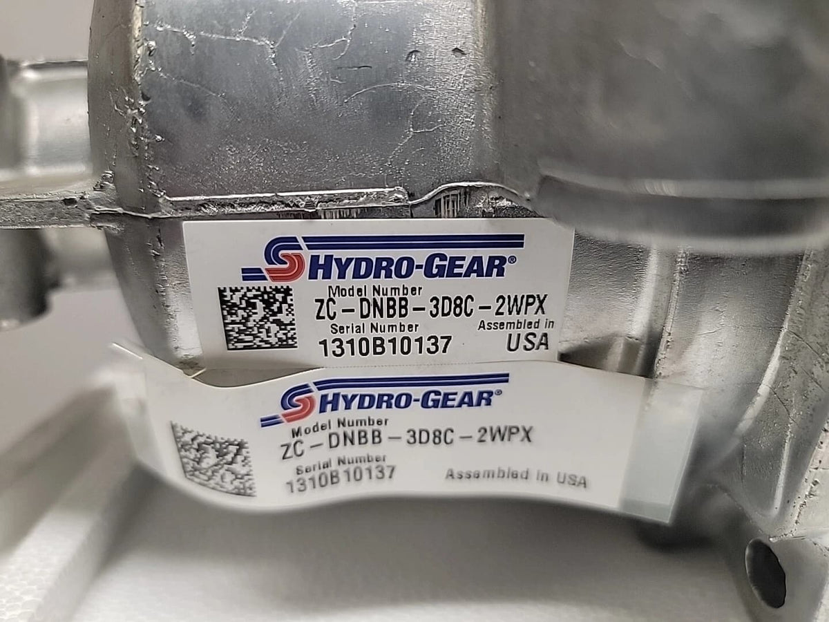 Hydro-Gear ZC-DNBB-3D8C-2WPX left transaxle identification label showing model and serial numbers