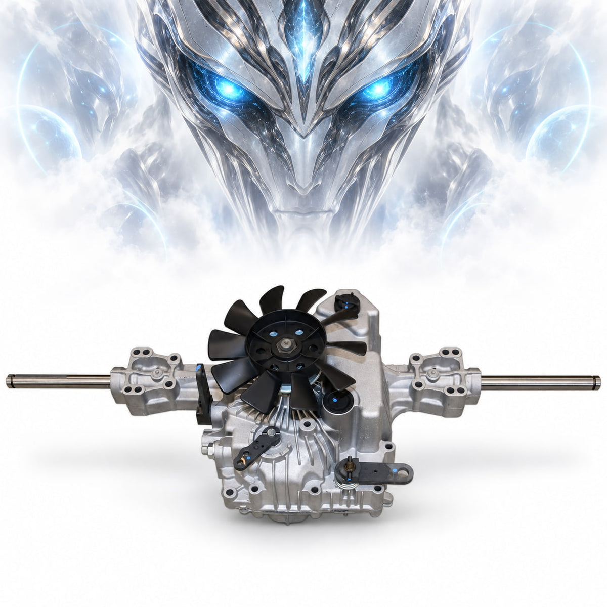 Tuff Torq T40J transaxle for John Deere MIA10910 beneath a silver robotic alien with glowing blue eyes