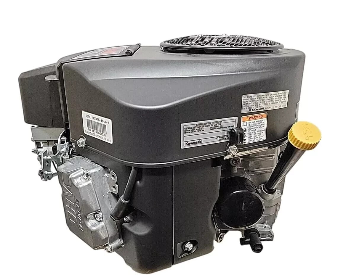 Kawasaki FR730V-BS40-R engine showing identification label, oil filter and yellow dipstick