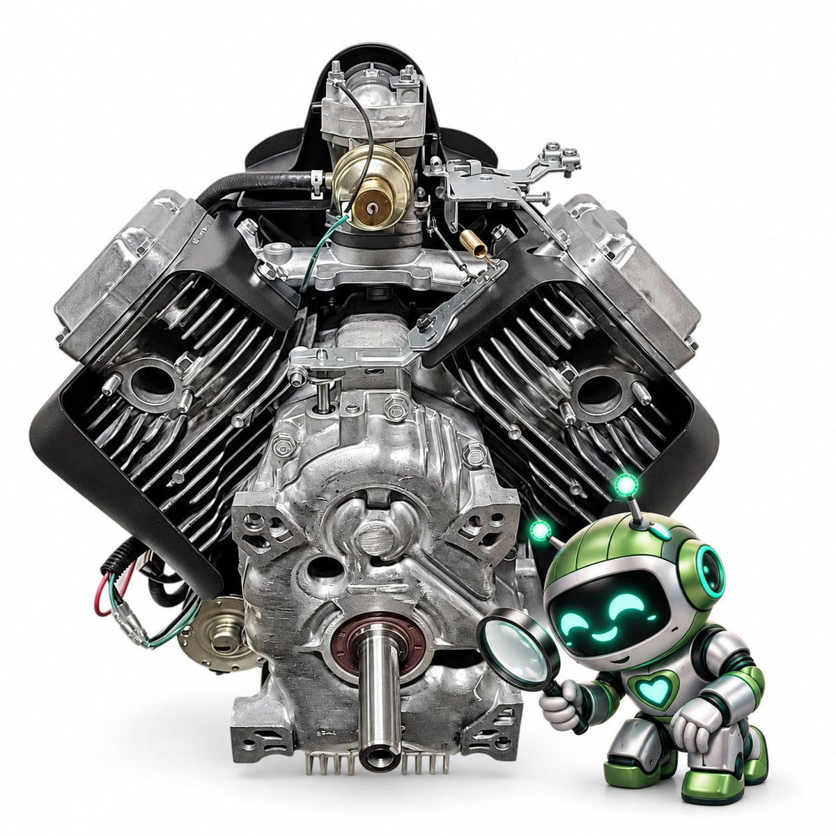 Kawasaki FR730V-BS40 engine with a small green shop robot inspecting the crankshaft through a magnifying glass