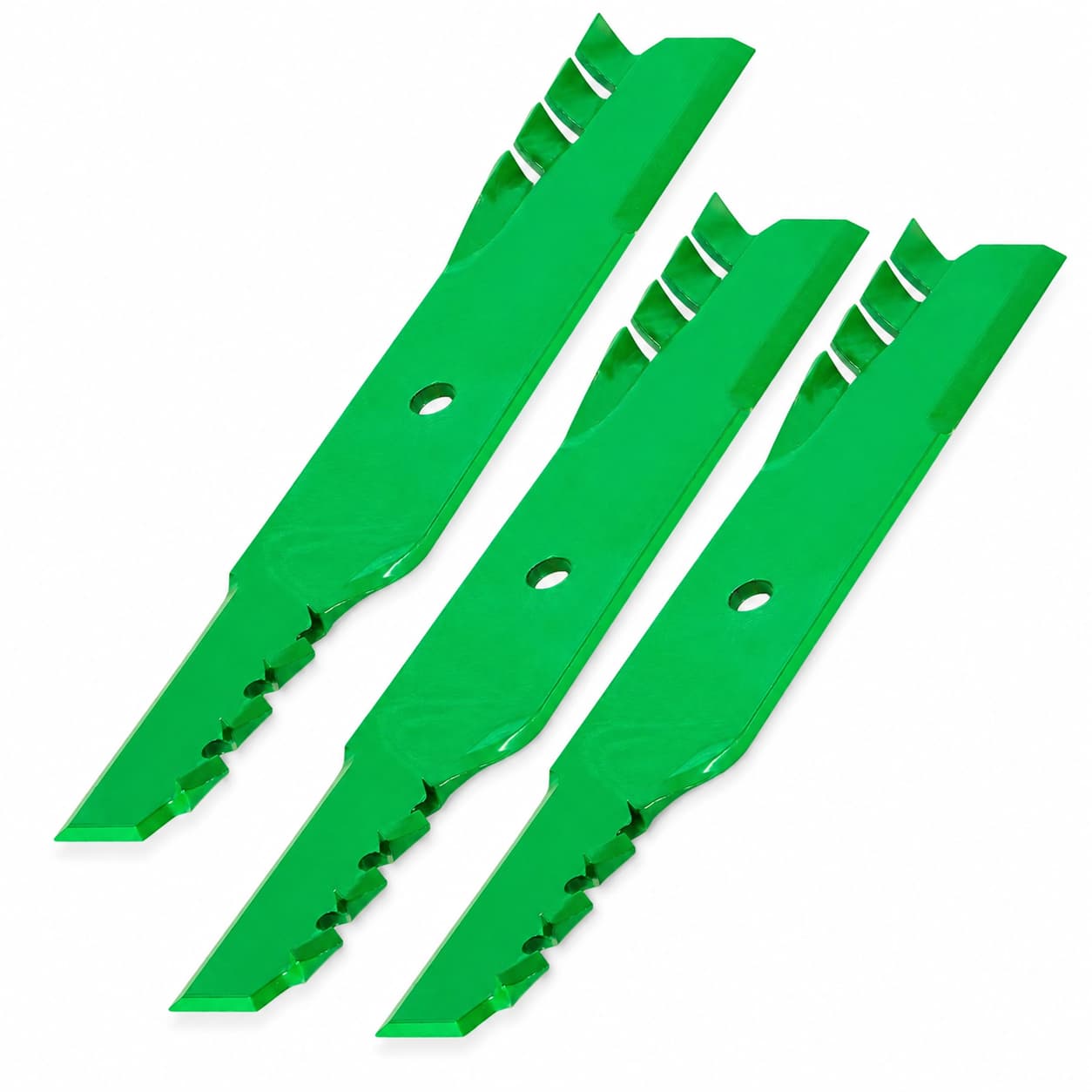 3-pack toothed mulching mower blades 038-5350-00 038-5000-00 for 48-inch Bad Boy, Scag, and Hustler decks.